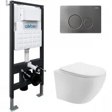 Комплект инсталляция с унитазом Abber AC1100T-AC0105-AC0121NG с кнопкой смыва, никель + унитаз подвесной Abber Bequem безободковый, торнадо, с сиденьем микролифт, белый