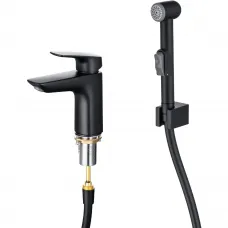 Смеситель для раковины Aquatek Вега AQ1012MB с гигиеническим душем, без донного клапана, черный матовый