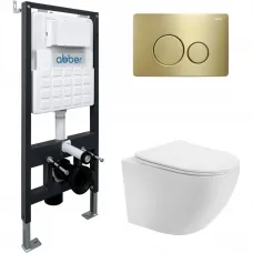 Комплект инсталляция с унитазом Abber AC1100T-AC0105-AC0121MMG с кнопкой смыва, золотой матовый + унитаз подвесной Abber Bequem безободковый, торнадо, с сиденьем микролифт, белый