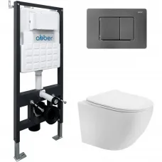 Комплект инсталляция с унитазом Abber AC1100T-AC0105-AC0120NG с кнопкой смыва, никель + унитаз подвесной Abber Bequem безободковый, торнадо, с сиденьем микролифт, белый